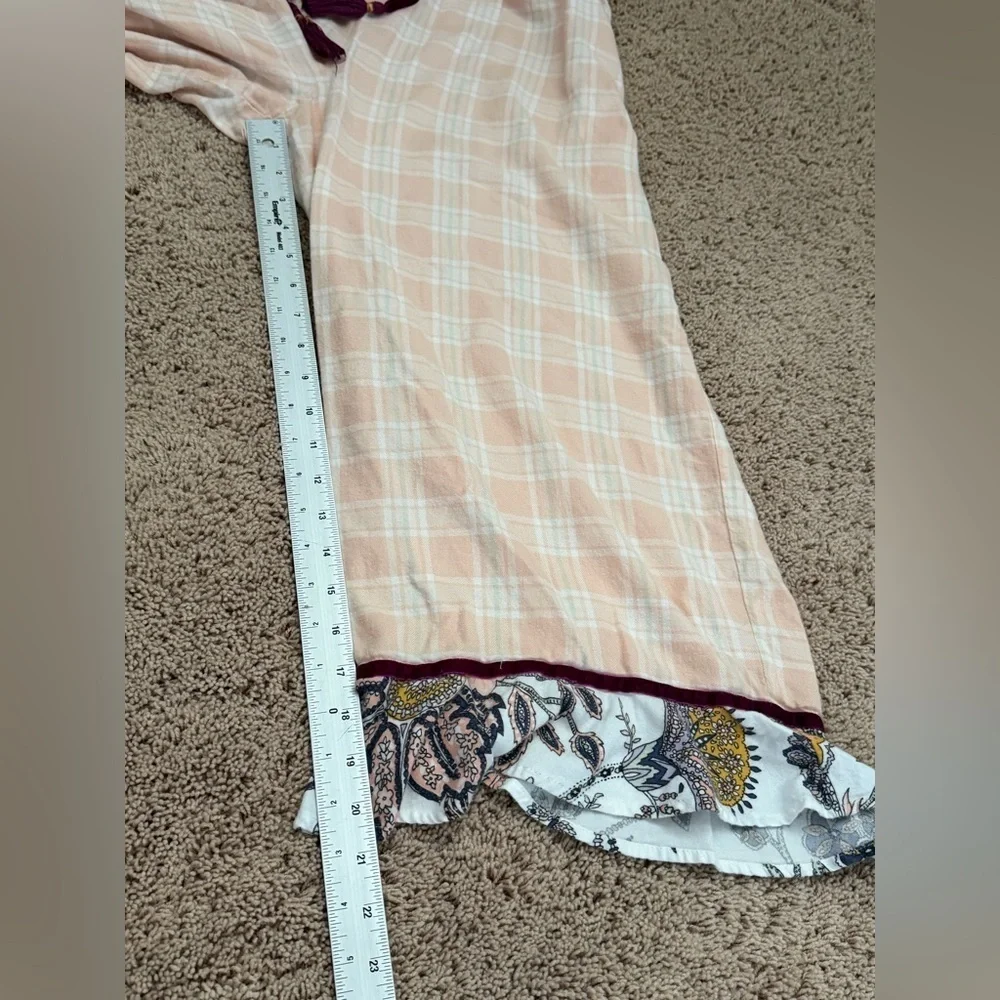 Large Anthropologie floreat patchwork sleep pants ruffle hem pink plaid floral